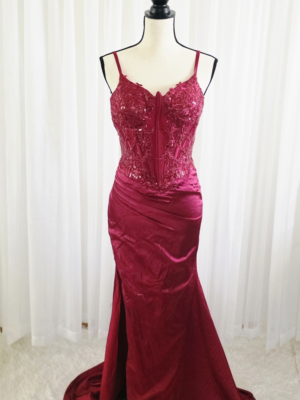 Elegant Burgundy Embellished Satin Evening Dress